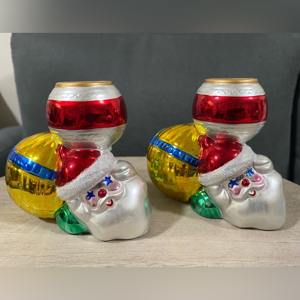 Vintage Set of 2 Department 56 Glass Metallic Santa Ornament Candle Holders